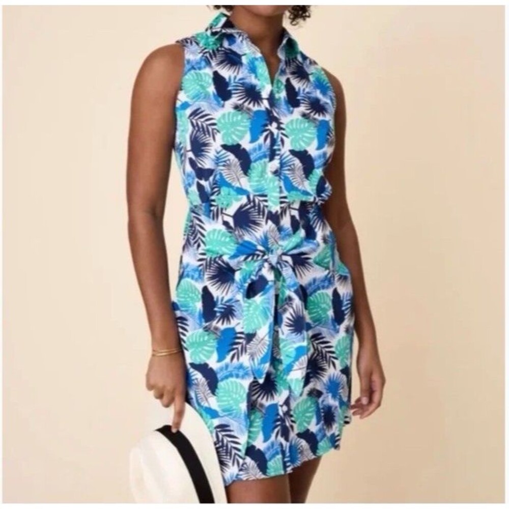 UNTUCKit Kenzie Sleeveless Wrap Shirt Dress Women's 0 Blue Green Floral Resort
